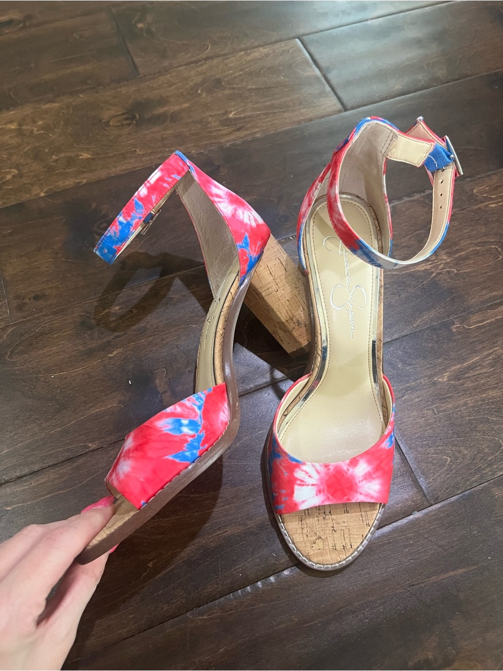 Jessica Simpson Coral and Blue Tie-Dye Cork Block Heel Sandals